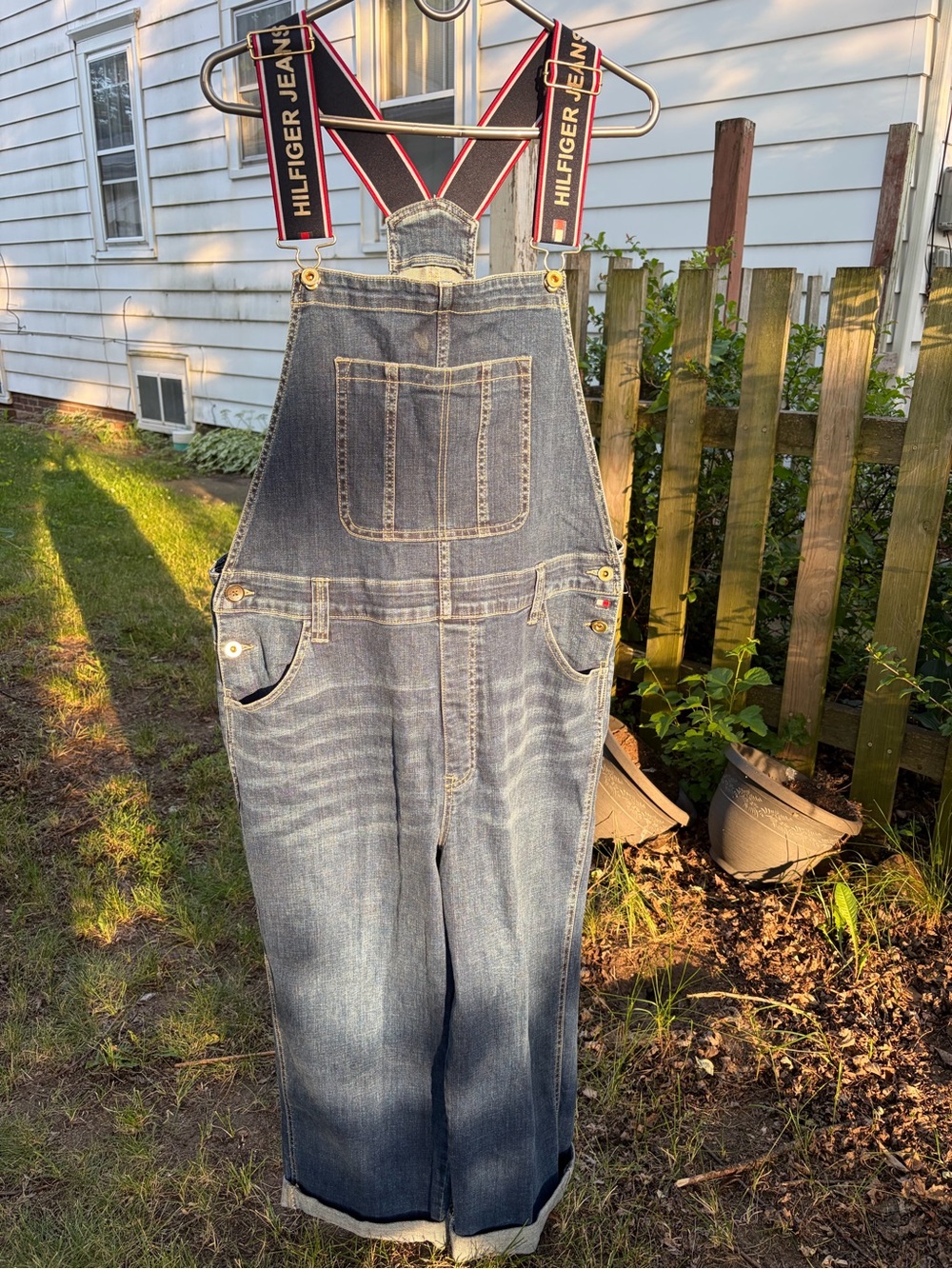 Tommy Hilfiger Dark Blue Denim Overalls with Branded Red-Accent Suspenders